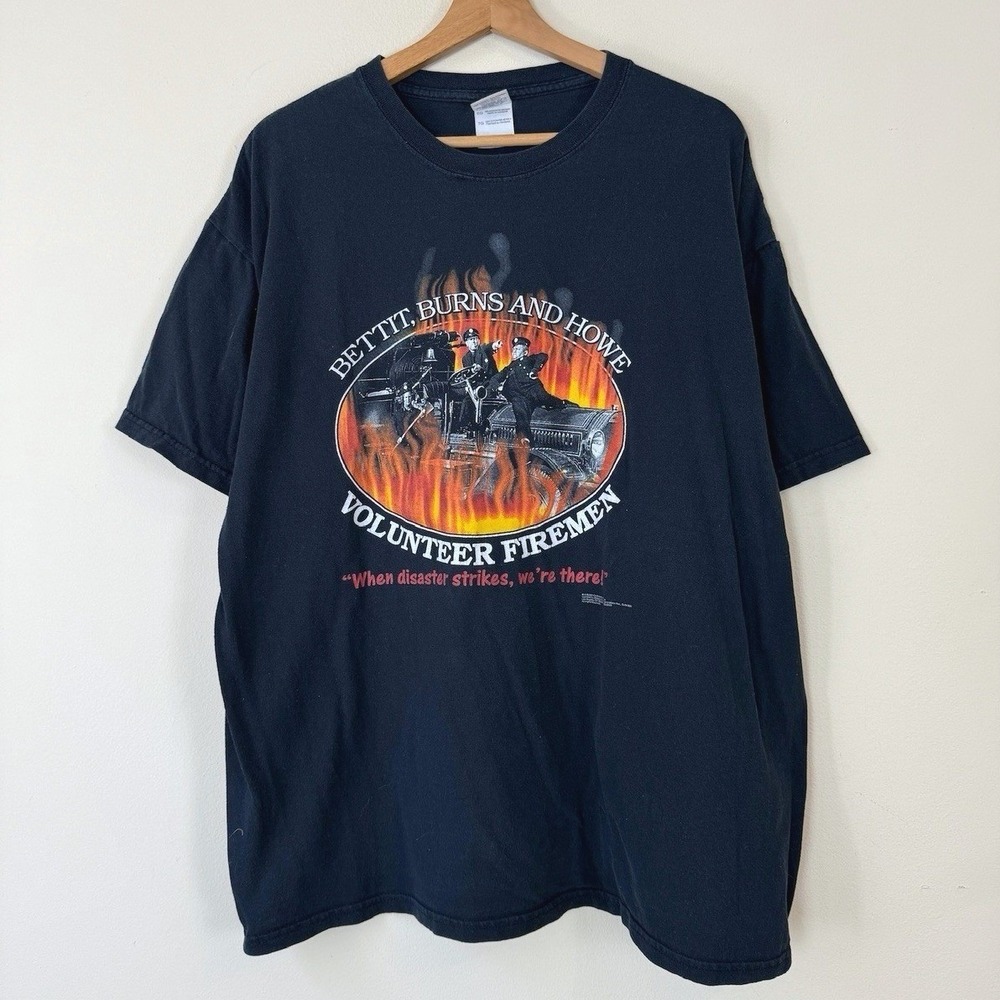 Vintage y2k The Three Stooges Flames Firefighters TV Black Tee Shirt -‎ XL